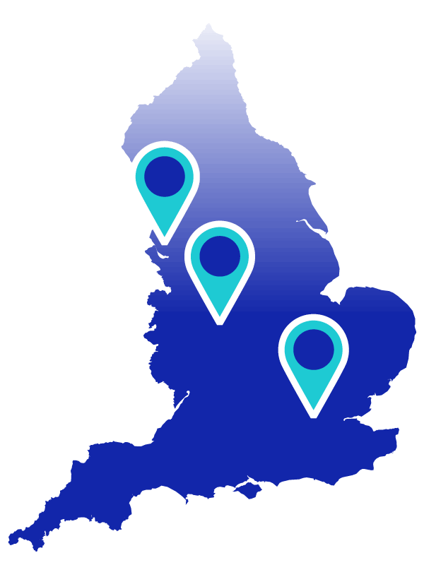 Graphic showing outline of England with location pins for Prescot (Knowsley), Perry Barr (Birmingham) and  Stepney Green (London)